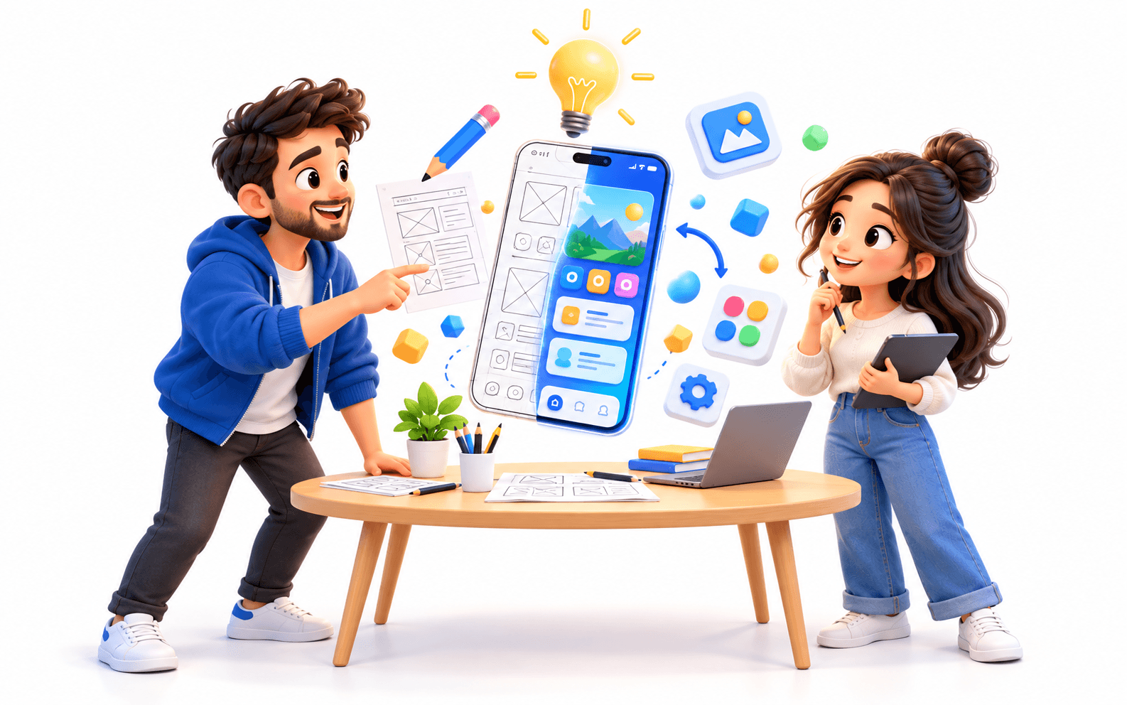 Two designers turning a paper sketch into a finished mobile app