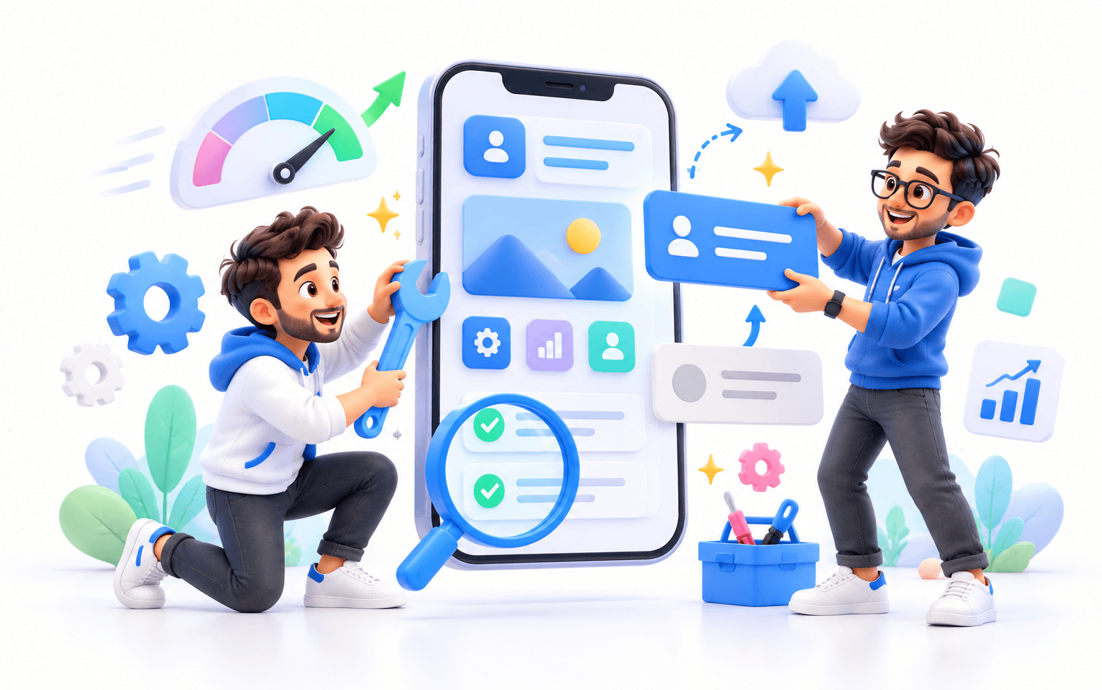 Two engineers upgrading an app's screens with a wrench and new components