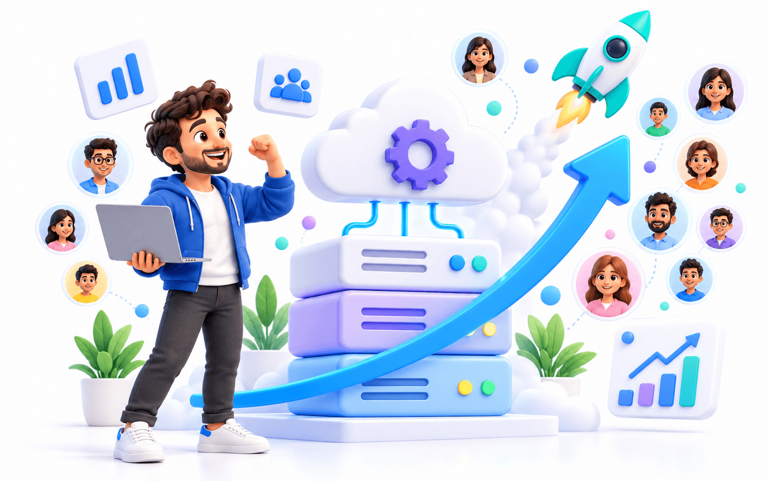 A developer celebrating as servers, users and a growth arrow rise
