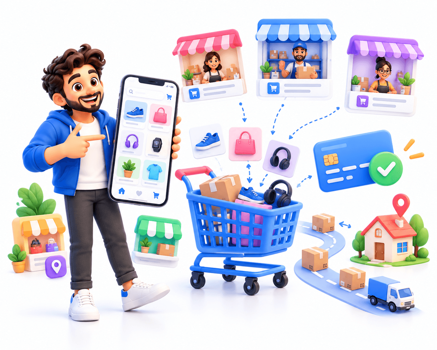 A shopper with a store app as products from many sellers fill a cart and ship home