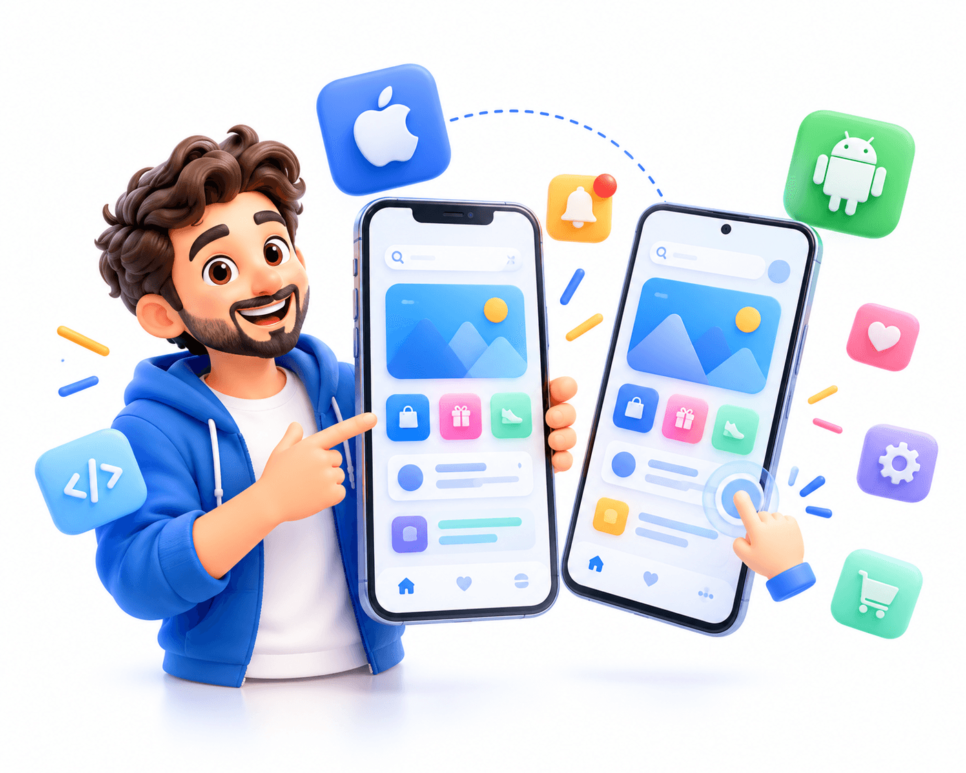 A developer showing the same app on an iPhone and an Android phone