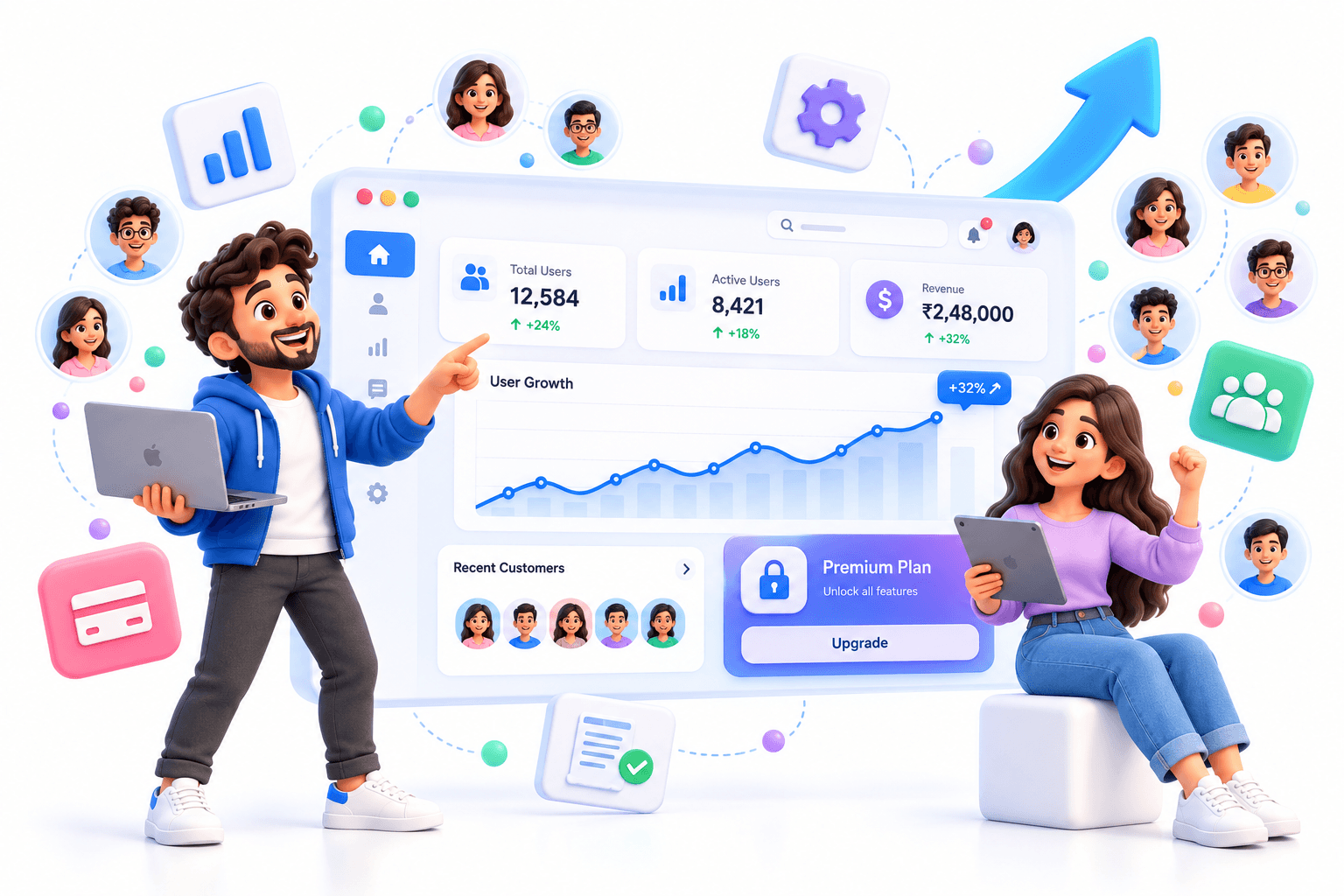 Two teammates celebrating a SaaS dashboard with user growth and a premium plan